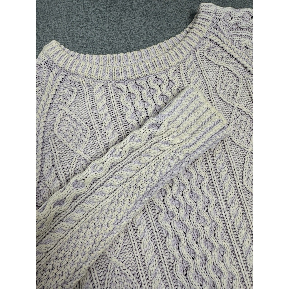 LL Bean Signature Purple White Wash Fisherman Button Cotton Cable Sweater SMALL